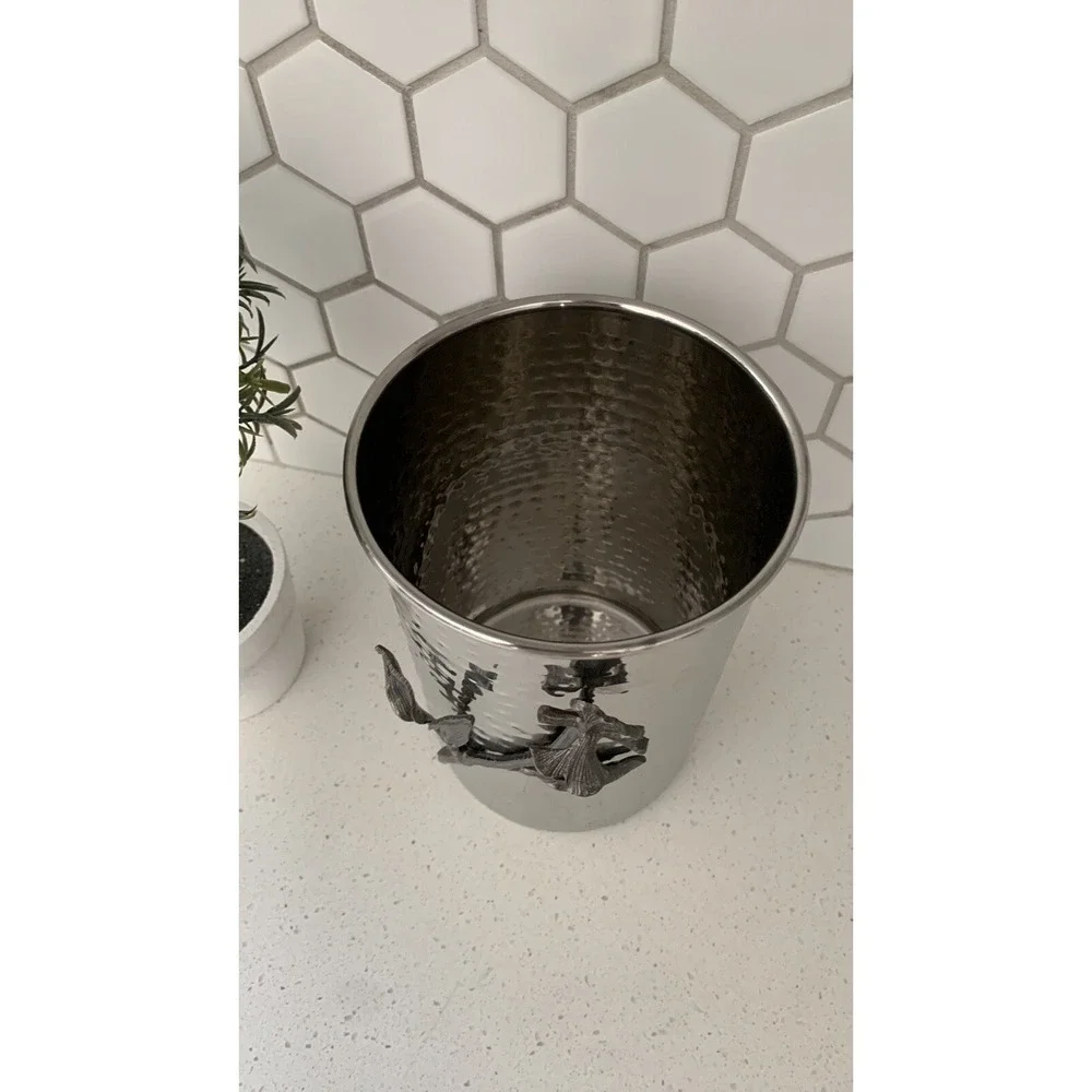 Stainless steel vase with Dark silver vine‎ 3D utensils holder hammered Metal
